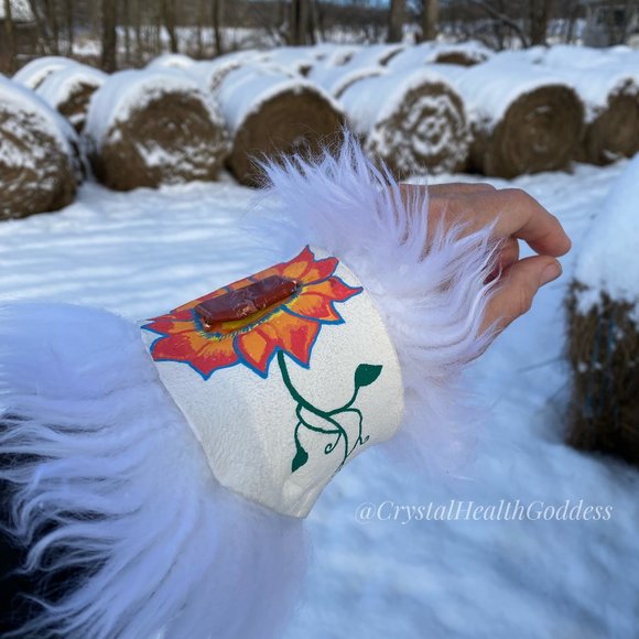 Sheepskin Hand Painted Statement Wrap Bracelet With Healing Stones - Picture 5 of 8